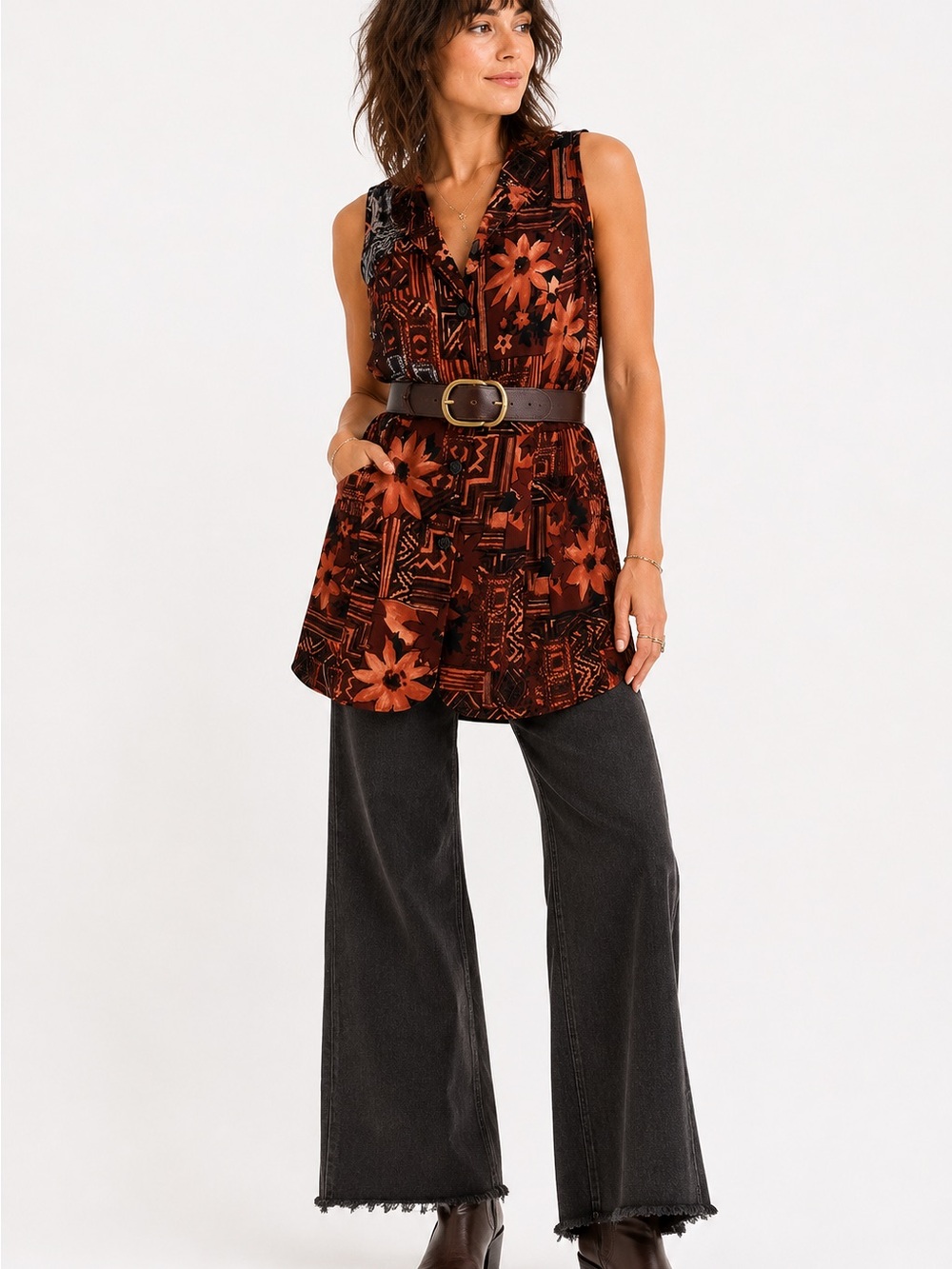 Vintage Que Pasa Rayon Boho Tunic Vest Brown Floral Indie Layering Top Size 14